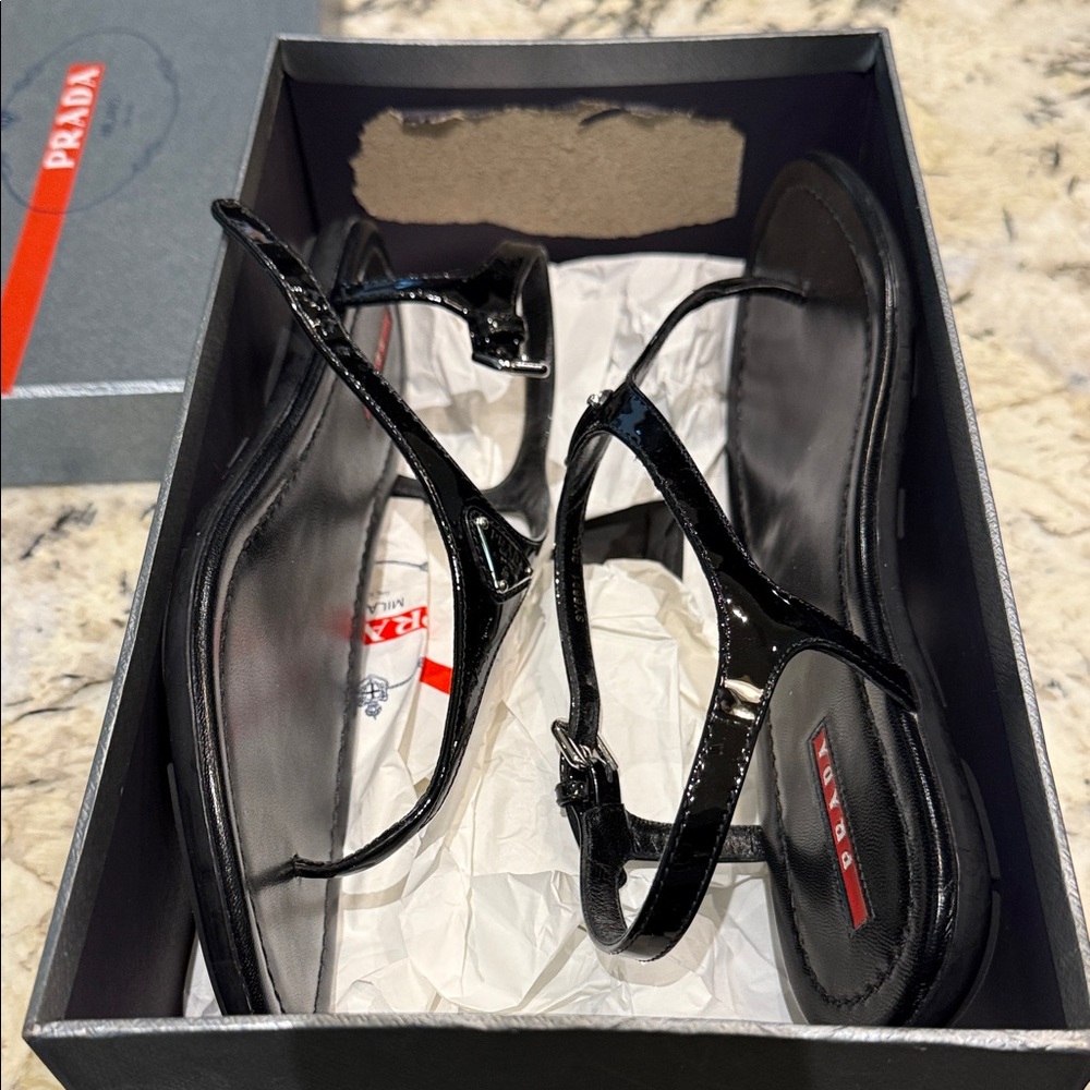 Prada Glossy Black T-Strap Sandals